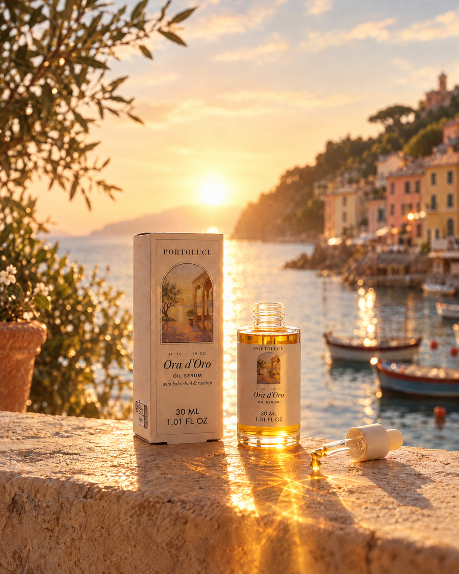Ora d'Oro oil serum and box on a harbor wall at sunset, the dropper resting beside the bottle
