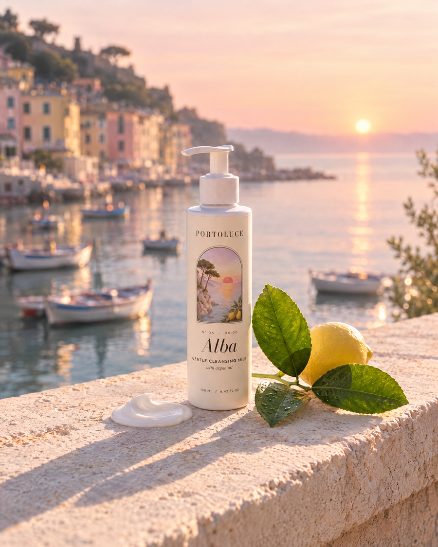 Alba Gentle Cleansing Milk on a harbor wall at sunrise, with a lemon and a swirl of the cleansing milk