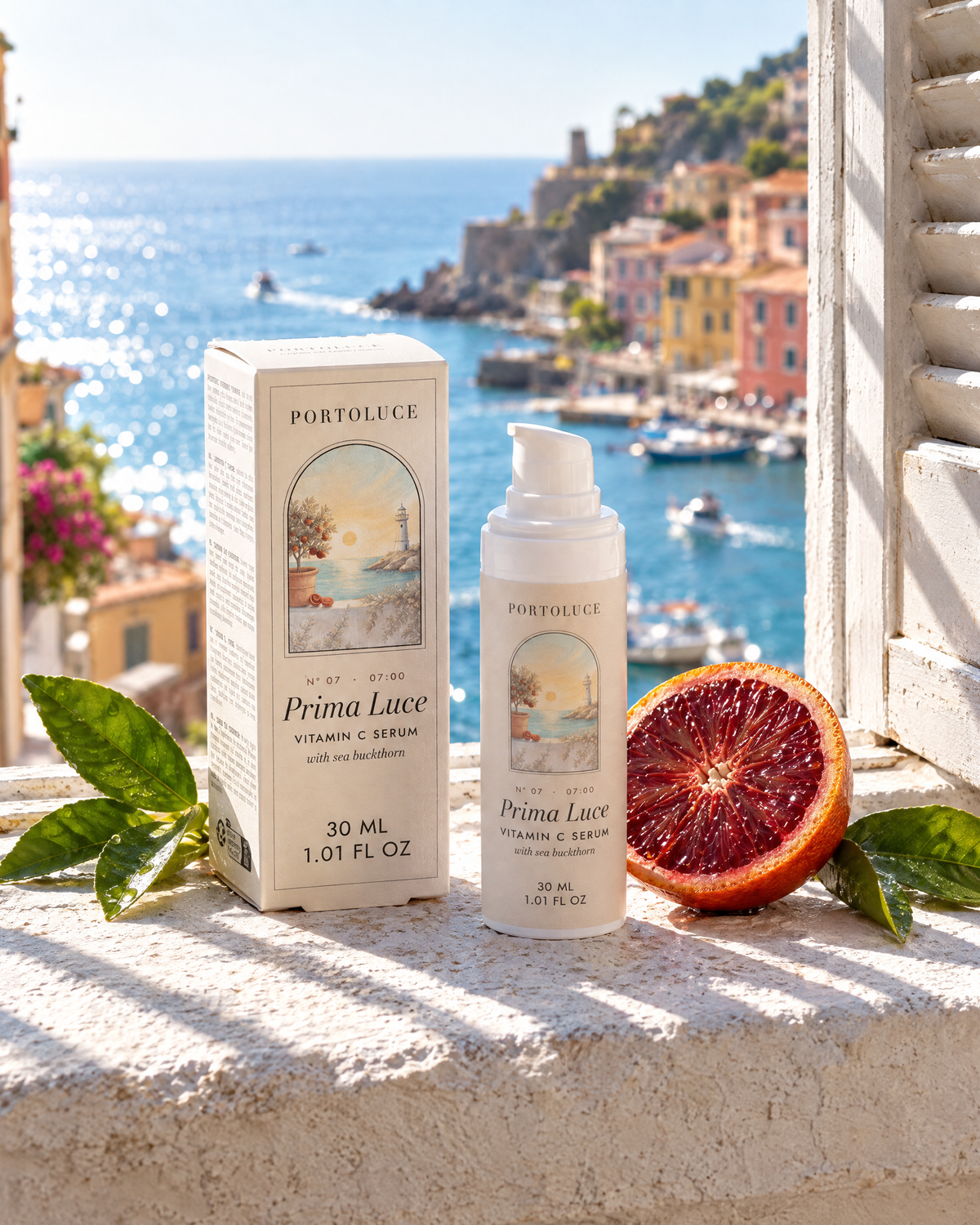 Prima Luce Vitamin C Serum and its box on a sunlit harbor terrace with a halved blood orange