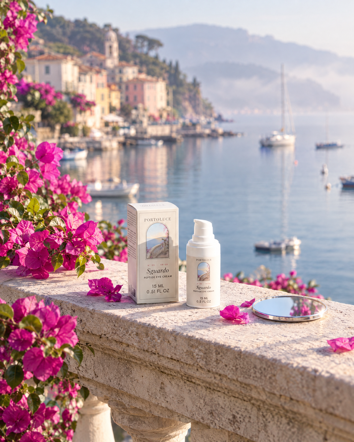 Sguardo Peptide Eye Cream and its box on a stone balustrade with bougainvillea above the harbor