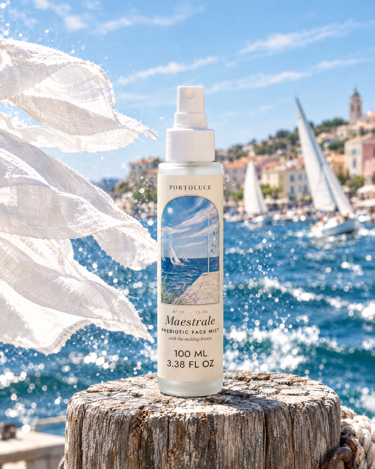 Maestrale Prebiotic Face Mist on a wooden jetty post with sailboats in the breeze