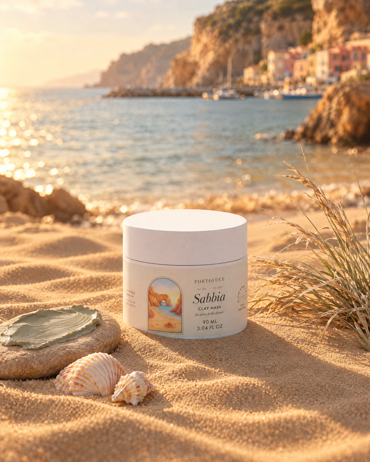 Sabbia Clay Mask jar on sunlit rippled sand with seashells